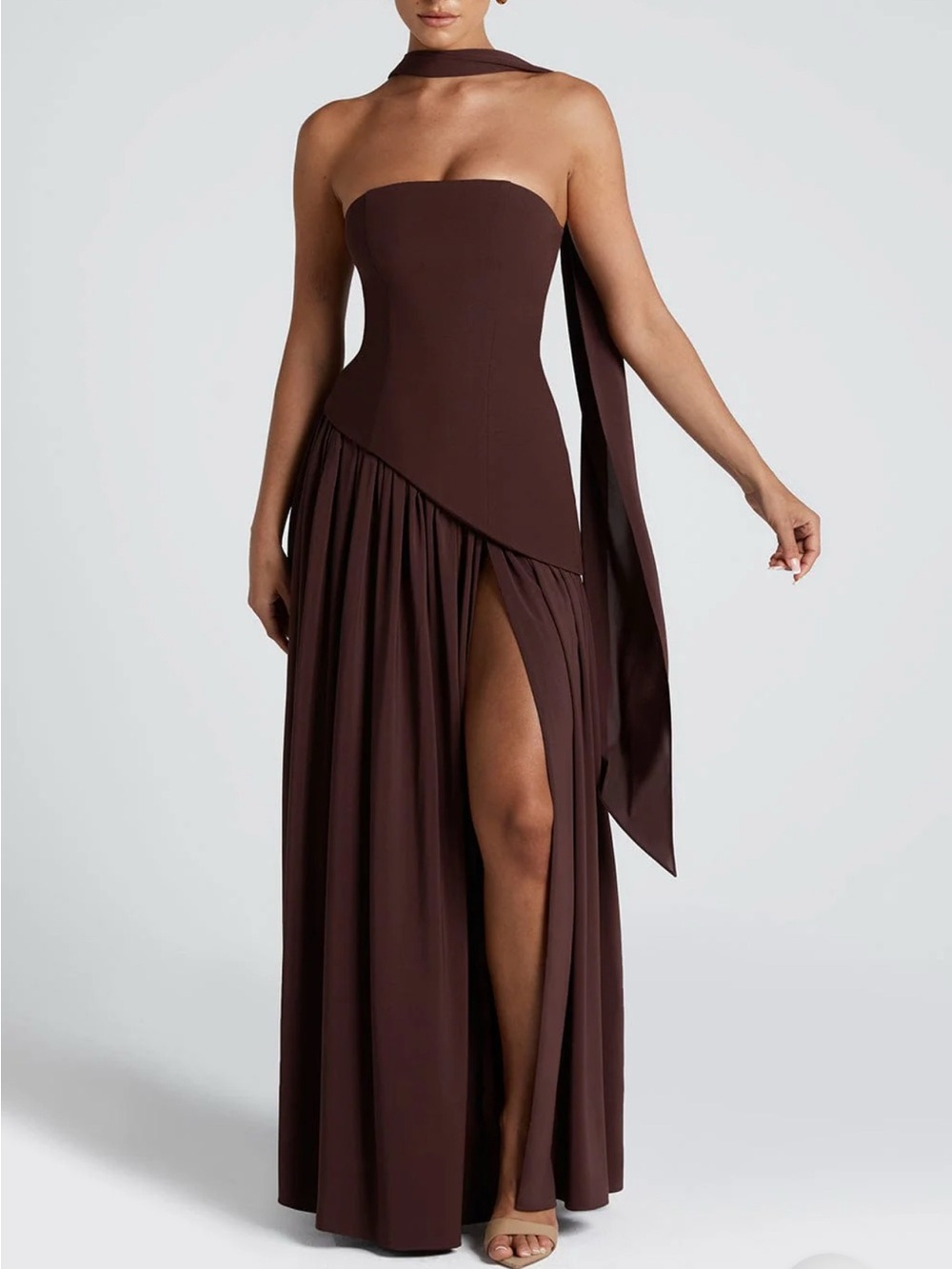 Strapless Chocolate Brown Evening Gown with Side Slit and Neck Sash